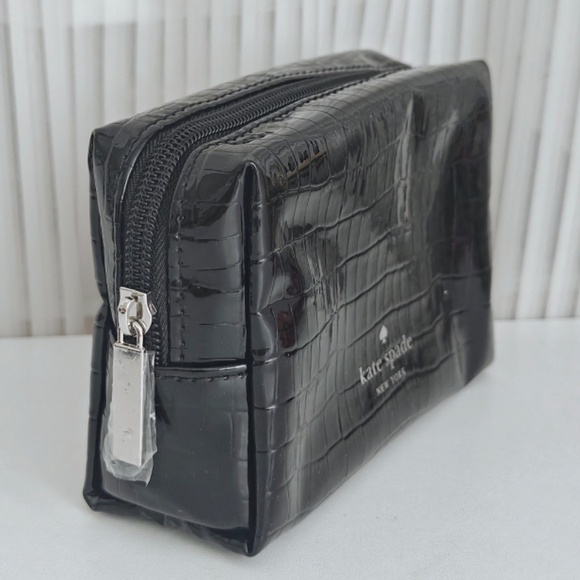 New Kate Spade Small Black Croc Embossed Paten Pouch 6"x 2" x 4" - Picture 4 of 6